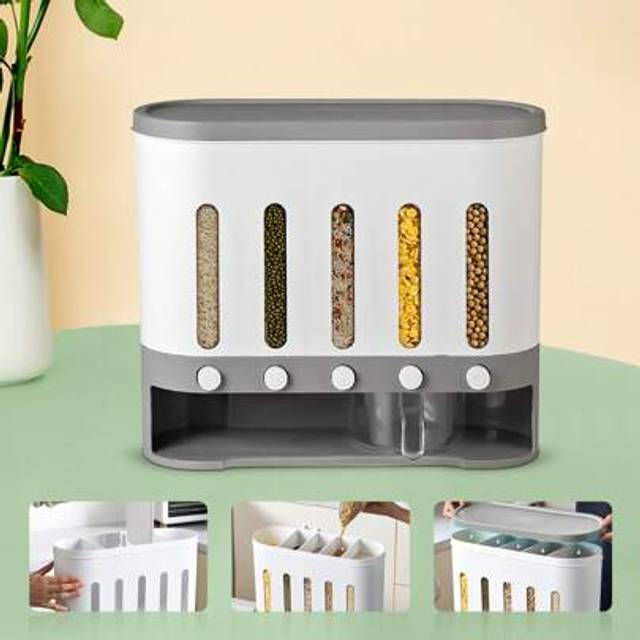 SHEIN Wall-Mounted Dry Food Dispenser, 5-Compartment Cereal Storage Container With Measuring Cup, Space-Saving Grain Organizer For Kitchen, Pantry & Pet Foo