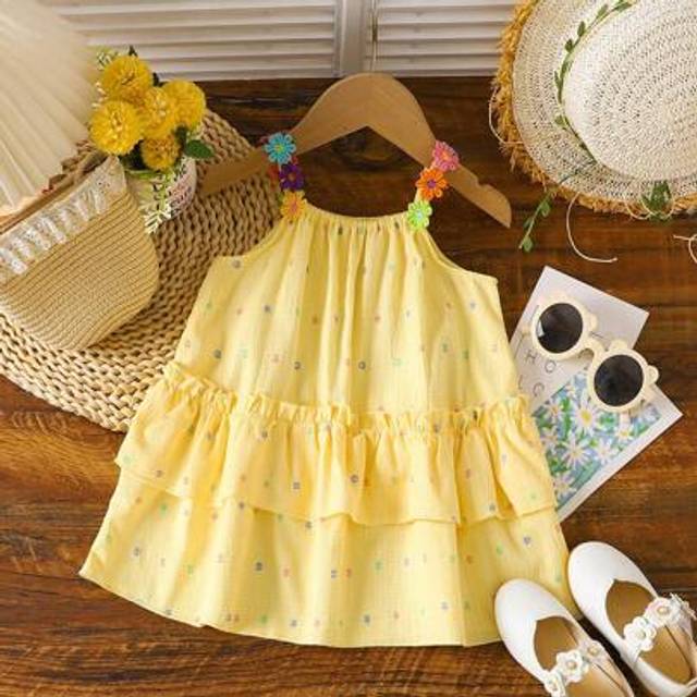 SHEIN Baby Girls&#39; Summer Sweet Cute Elegant Polka Dot & Floral Print Spaghetti Strap Cake Dress