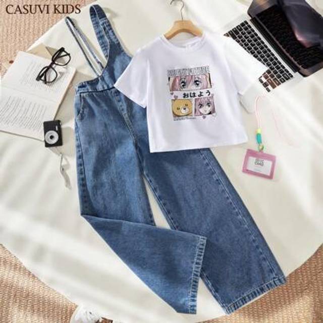SHEIN Tween Girls Summer Casual Cartoon Print Short Sleeve T-Shirt And Denim Bib Shorts Set Outfit For Girls