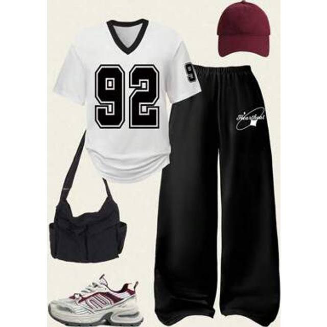 SHEIN 2pcs/Set Teen Girls Casual & Fashionable Collegiate Loose Numeric Print V-Neck Short Sleeve Top And Wide Leg Sweatpants Set Outfits Set