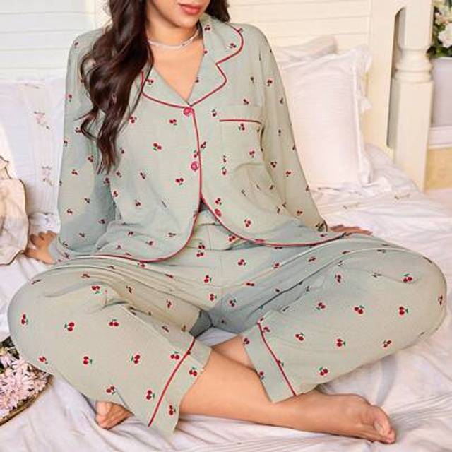 SHEIN Plus Size Women Cherry Print Long Sleeve Button Up Shirt And Pants Pajama Set