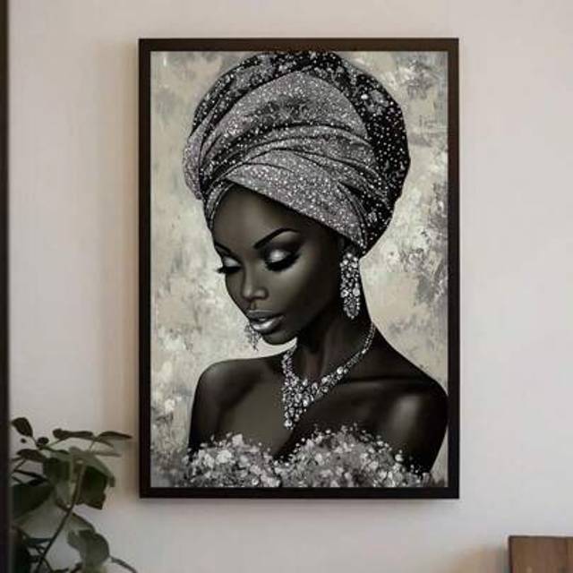 SHEIN Silvery Black Jewelry African Women Diy Full Round Diamond Painting Kit Mosaic Cartoon Art Full Drill Diamonds Embroidery Craft,Lady Room Decor,Framel