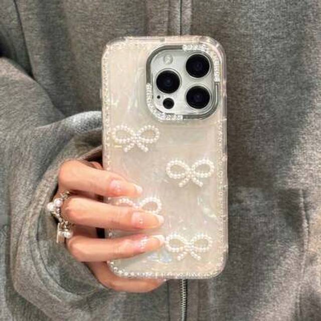 SHEIN Luxury 3D Pearl Bow Glitter Rhinestone Shell Pattern Phone Case Compatible With IPhone 16 15 14 13 12 Pro Max 11 Stylish Bling Back Cover