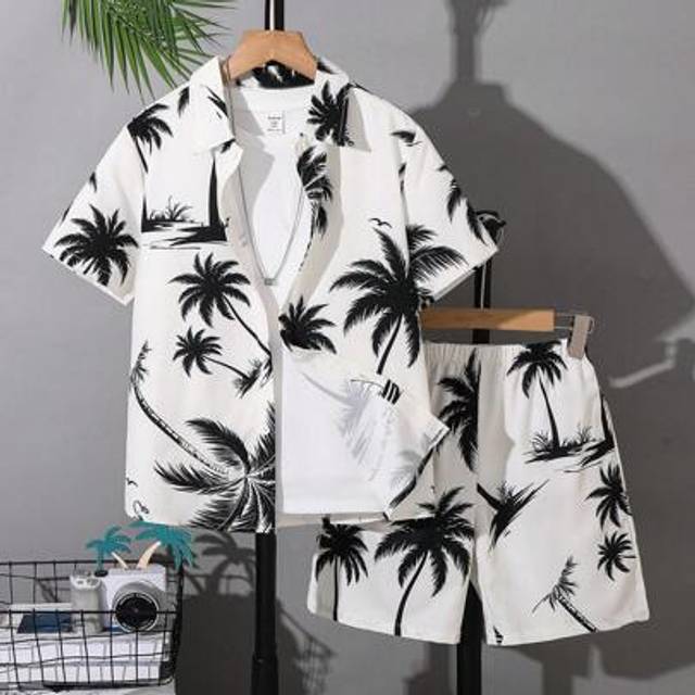 Leap Crew 2pcs/Set Tween Boys Casual College Style Hawaiian Shirt & Shorts Set, Suitable For School, Commute, Daily Life, Sports, Spring/Summer
