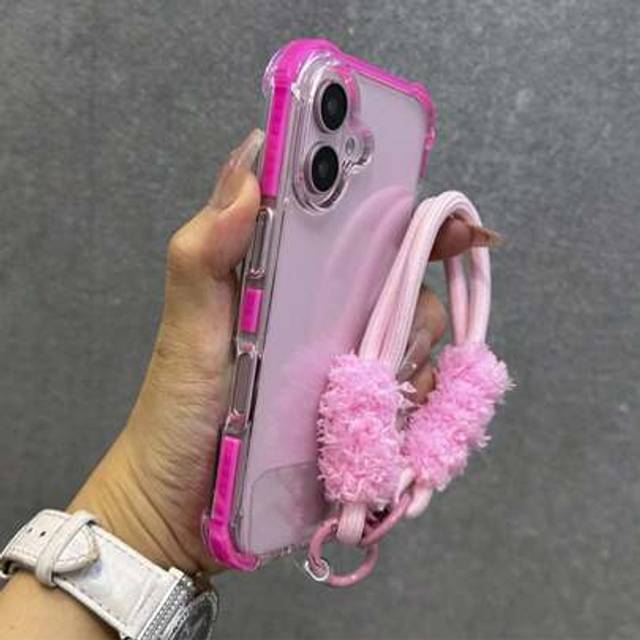 SHEIN Keychain,Lanyard Hybrid Bumper Armor Transparent With Pink Wrist Strap Case Compatible With IPhone 15 16 Pro Max 11 12 13 14 16E Shockproof Air Bag Cl