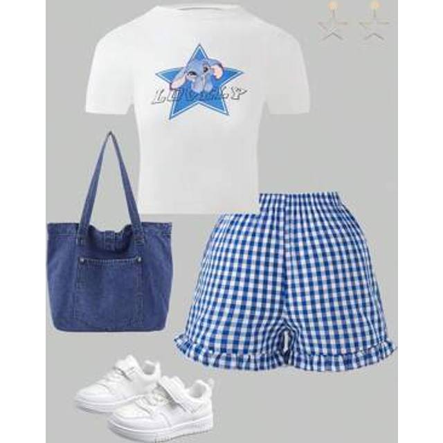 SHEIN Tween GirlsRound Neck Printed T-Shirt And Plaid Shorts Sweet Fresh Casual 2-Piece Set