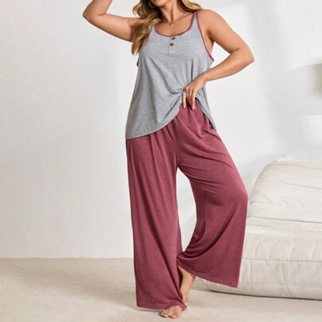 SHEIN Plus Size Knitted Casual Color Block Vest & Pants Pajama Set