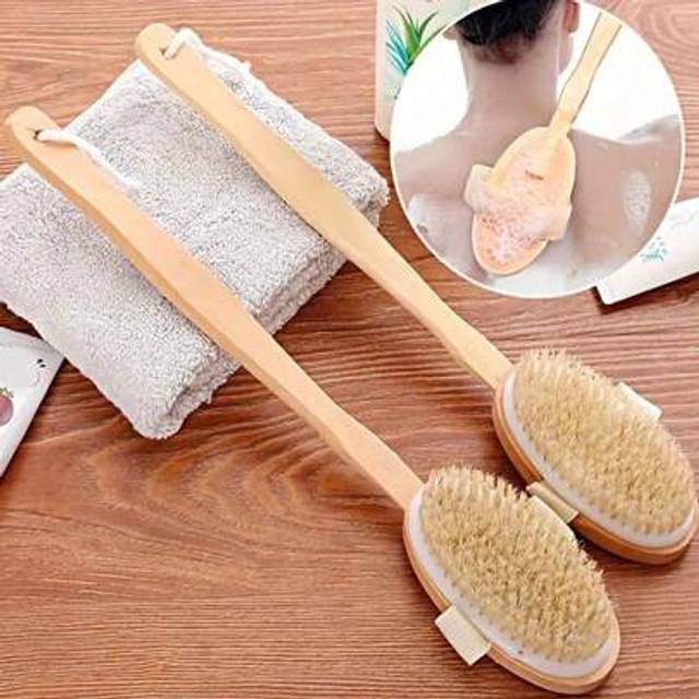 SHEIN 1pc High Quality Long Handle Wooden Shower Brush, Bath Brush, Natural Bristles, Removable For Back Massage And Exfoliation, Great For Dry Skin Exfolia