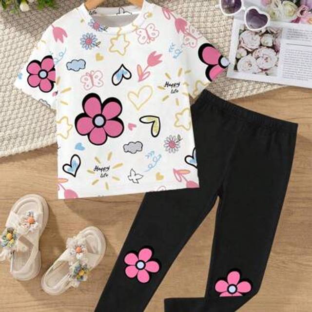 SHEIN Baby Girl Casual Fashionable Cute Cartoon Floral Print Short Sleeve T-Shirt And Leggings 2 Pieces Set