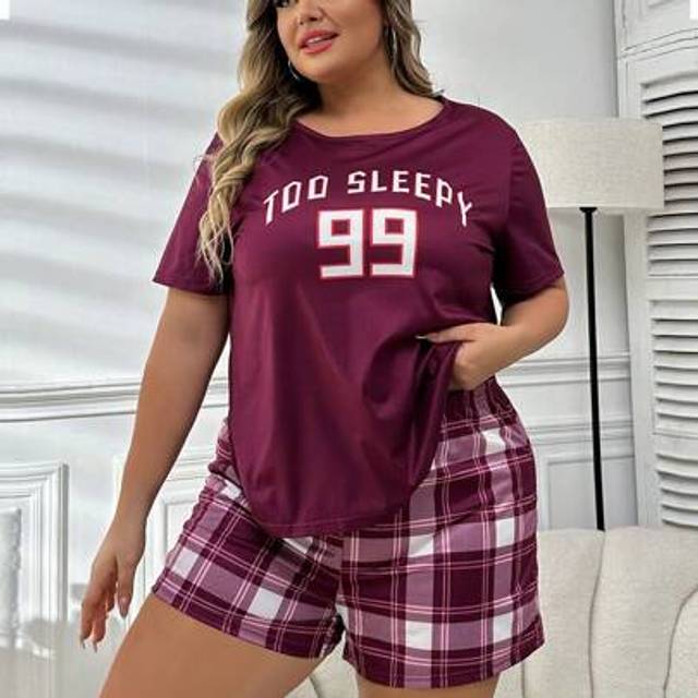 SHEIN Plus Size Letter Print Short Sleeve Top And Checkered Shorts Pajama Set Teen Sleep Wearpajama Short Setplus Size Pj Set