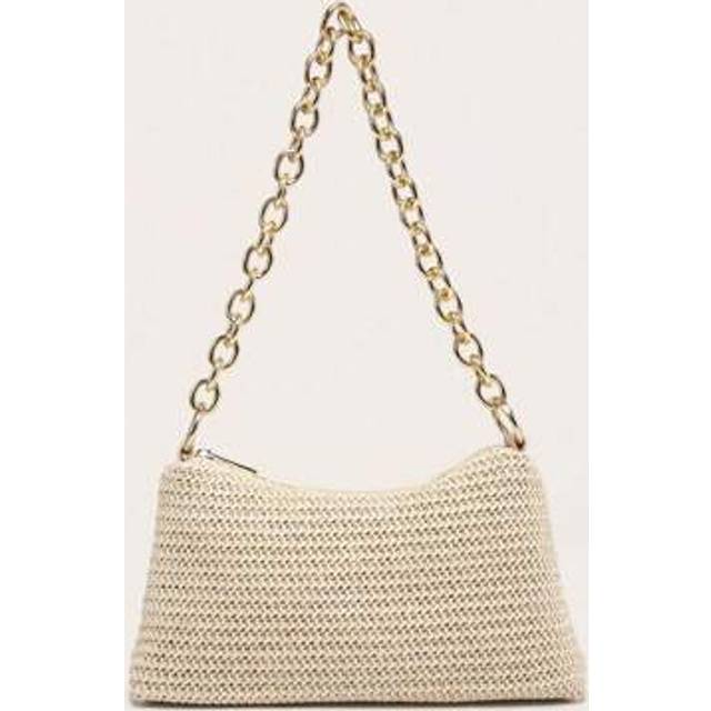 SHEIN 1pc Women&#39;s Lightweight Straw Tote Bag With Metallic Chain, High-End Casual Fashion Beach Vacation Large Capacity Shoulder/Underarm Bag, Beach Necessi