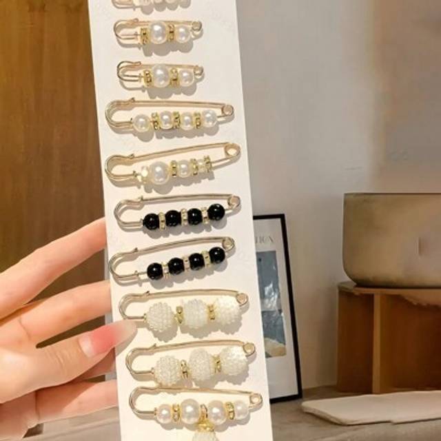 SHEIN 12pcs Faux Pearl Waist Adjusting Brooch Pins, Women Apparel Waist Fixator Accessory, No Card Dress Accessories Pin For Clothes Bag Charm