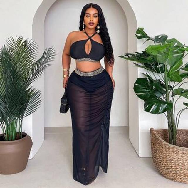 SHEIN Plus Size Sexy Hollow Out Halter Bikini Swimwear With Coverup Skirt Set