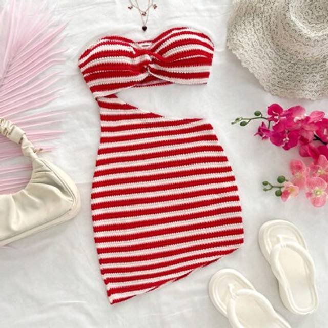 Soleia Holiday Red & White Stripe Jacquard Knit Metal Buckle Decor Asymmetrical Hem Hollow Out Mini Dress