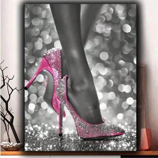 SHEIN 1pc DIY 5D Full Drill Round Diamond Painting Kit, Pink High Heels Mosaic Art, Acrylic PMMA Rhinestone Embroidery Cross Stitch Arts Craft For Wall Deco