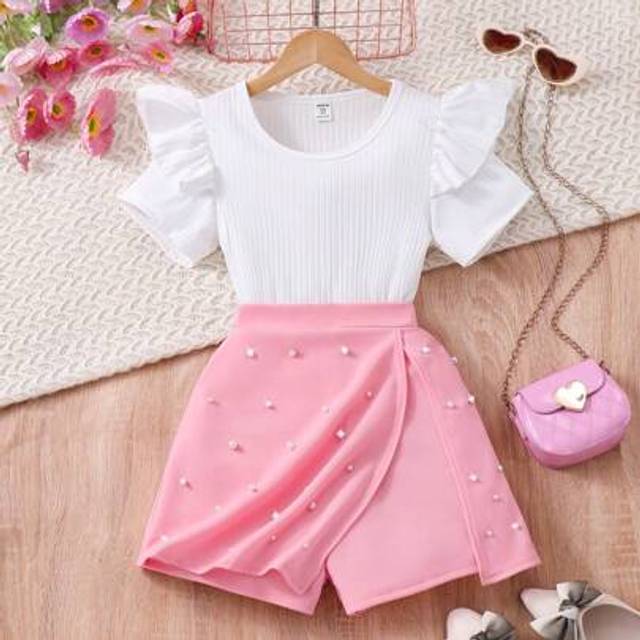 SHEIN Tween Girl Solid Color Ribbed Cap Sleeve T-Shirt & Pearl Skorts Set