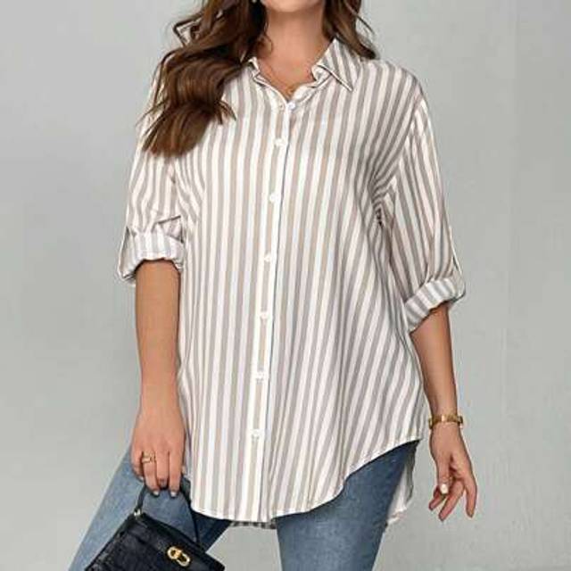 SHEIN Plus Size Women&#39;s Spring And Summer Fashion Casual Loose Daily Khaki Striped Long Sleeve Button Thin Shirt,Spring Outfits,Work Tops,Office Wear,Women