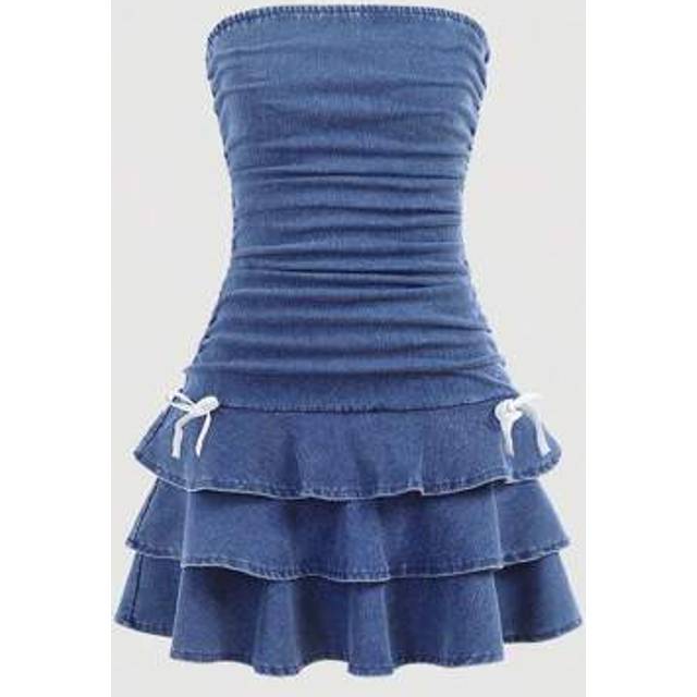 SHEIN Teen Girls Y2K Fashion Spring Summer Break Stonewashed Snug Fit Dress With Layer And Bowknot Detailed, Girls Summer Sundress Beach Boho Concert Rave F
