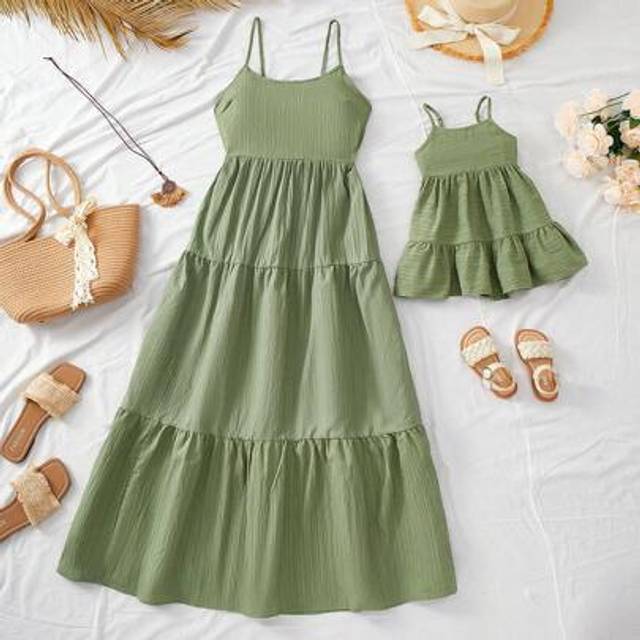 SHEIN Babygirl Cute Green Textured Loose Strap Mini Dress, Suitable For Summer Vacation