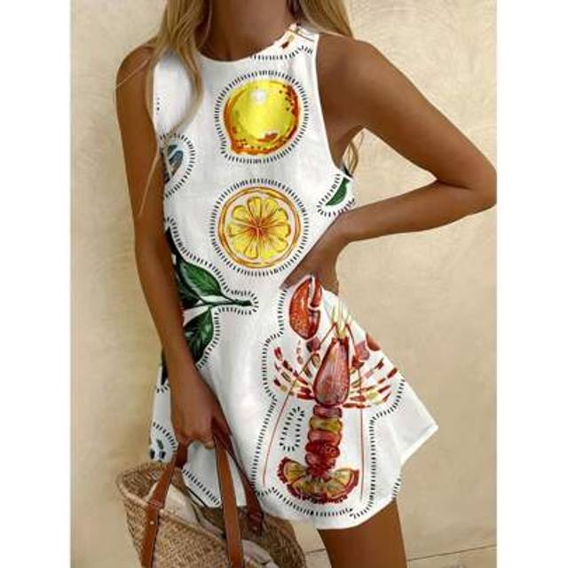 SHEIN Women&#39;s Summer And Spring Fashion Elegant Casual Sexy Vacation-Style Sleeveless Short Cool Dress With Fruit And Floral Patterns