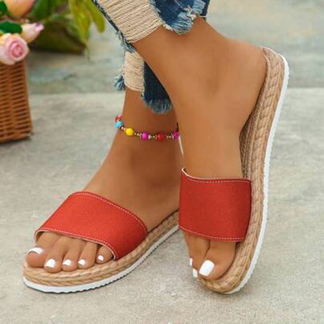 SHEIN Women&#39;s Casual Faux Raffia Bottom Slide Sandals With Open Toe, Comfortable Non-Slip, Minimalist Summer Beach Slippers, Orange-Red, Size 35-45