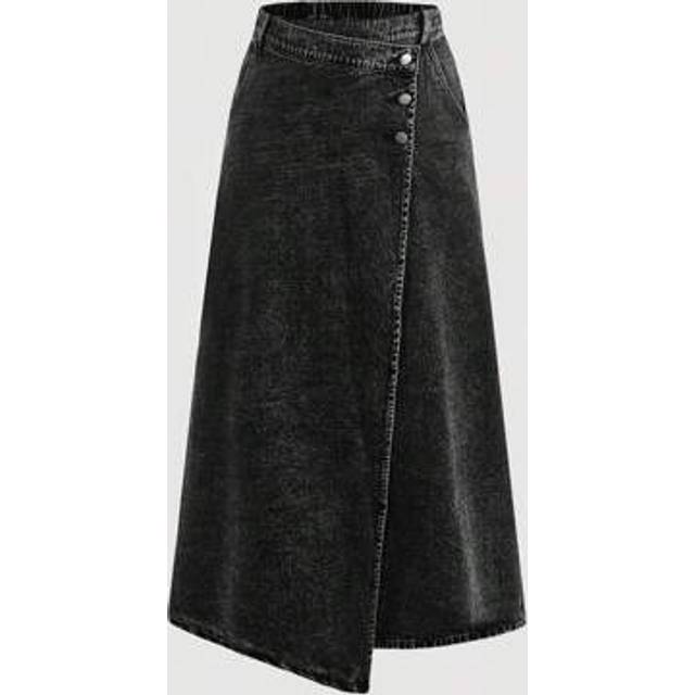 SHEIN Plus Size Black Denim Short Casual A-Line Long Skirt Elastic Waistband Comfortable And Versatile Summer Skirt