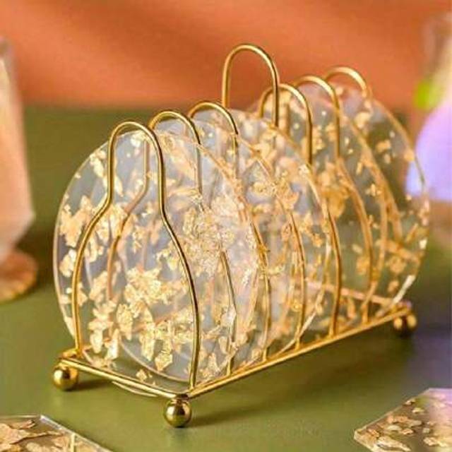 SHEIN 6/4/2/1pc Gold Acrylic Coasters - Ideal For Parties And Home Decor, Heat Insulation Coasters, Non-Slip Placemats, Cup Mats, Beverage Holders, Scene De