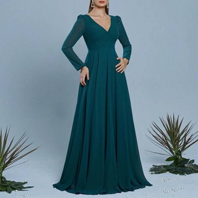 SHEIN Mgiacy New Arrival V Neck Dark Green Bridesmaid Dress Puff Sleeve Chiffon Long Dress