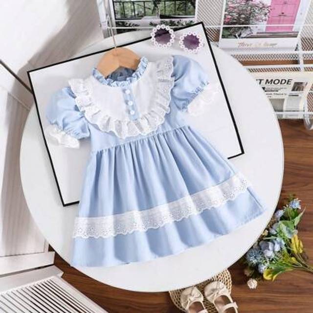 SHEIN Baby Girl Blue Dress, Patchwork White Lace Ruffle Trim, Sweet & Fashionable, Suitable For Party, Spring/Summer/Autumn