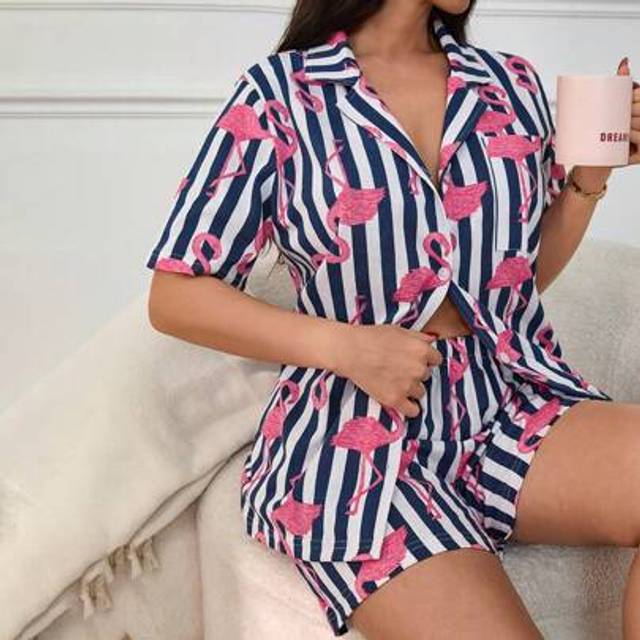 SHEIN Women 2 Pcs Button Front With Flamingo Pattern Short Sleeved Shirt&Shorts Homewear Cute Pajama Set Women S Pajama Women Pj Set Short Women Nighty Wome