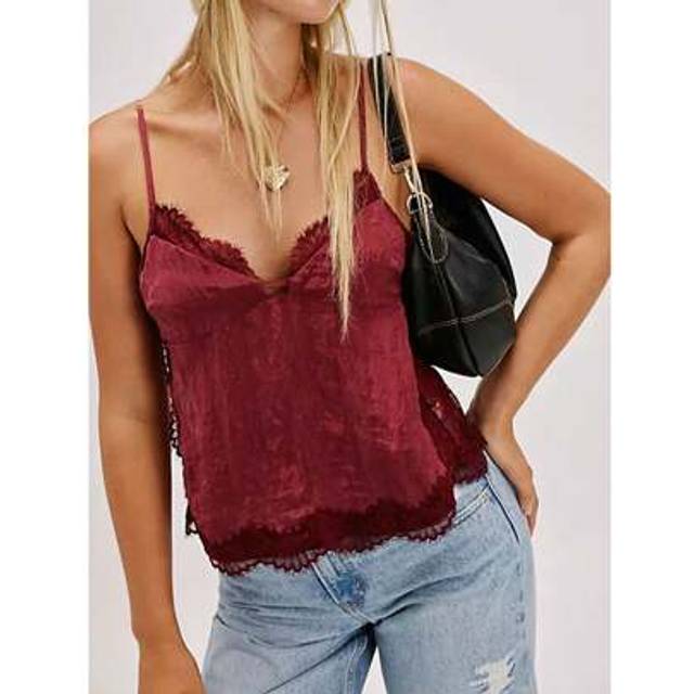SHEIN Women Summer Crop Camisole Casual Lace Patchwork V-Neck Spaghetti Straps Tank Tops Sleeveless T-Shirt