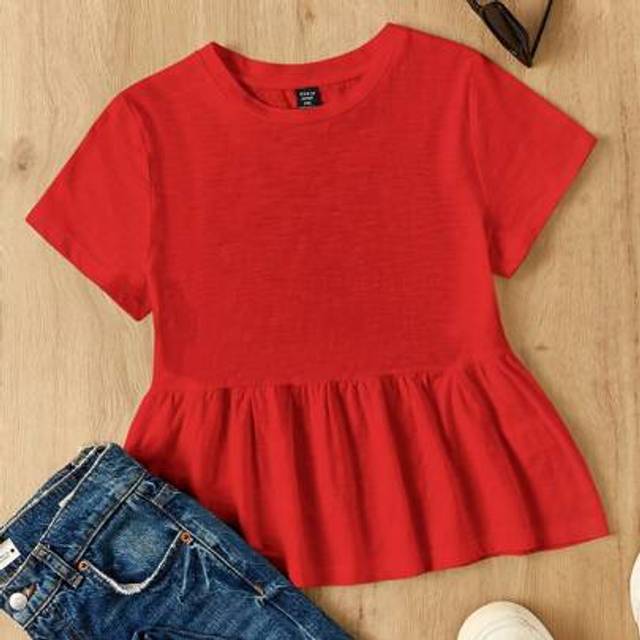 Comfortcana Plus Size Women Red Round Neck Cotton Patchwork A-Line Dolly T-Shirt ,Peplum Top