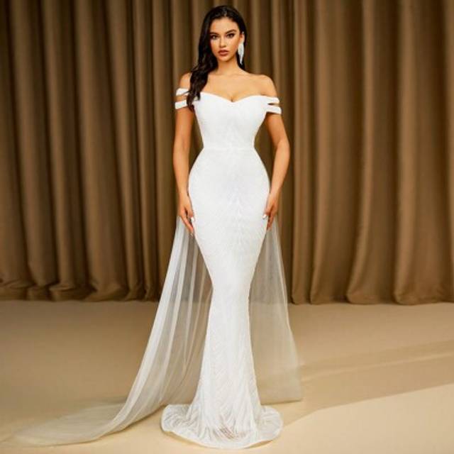 SHEIN Solid Color Tie-Up Backless Off Shoulder Sequin Trail Wedding Dress,Bride
