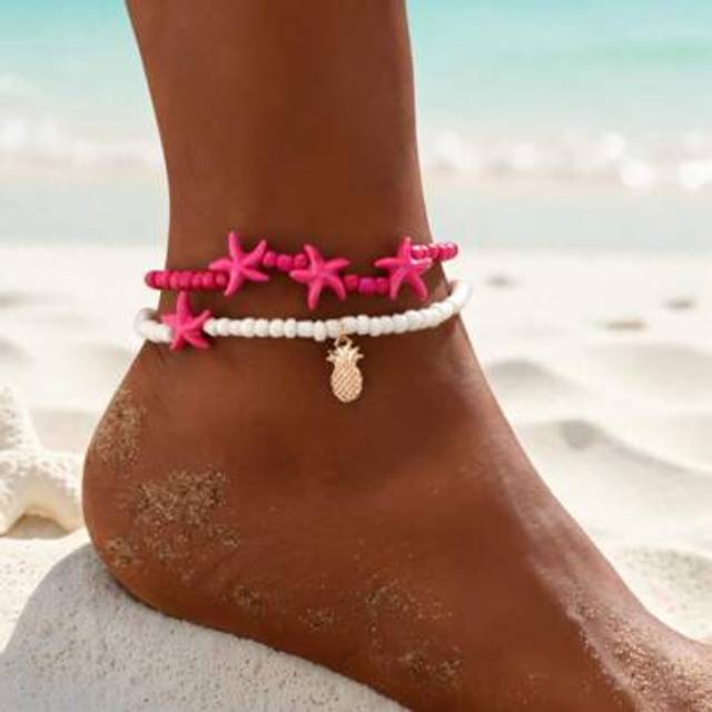 SHEIN 2pcs Boho Style Synthetic Starfish & Pineapple Woven Beaded Anklet, Suitable For Women Daily & Holiday Outfit