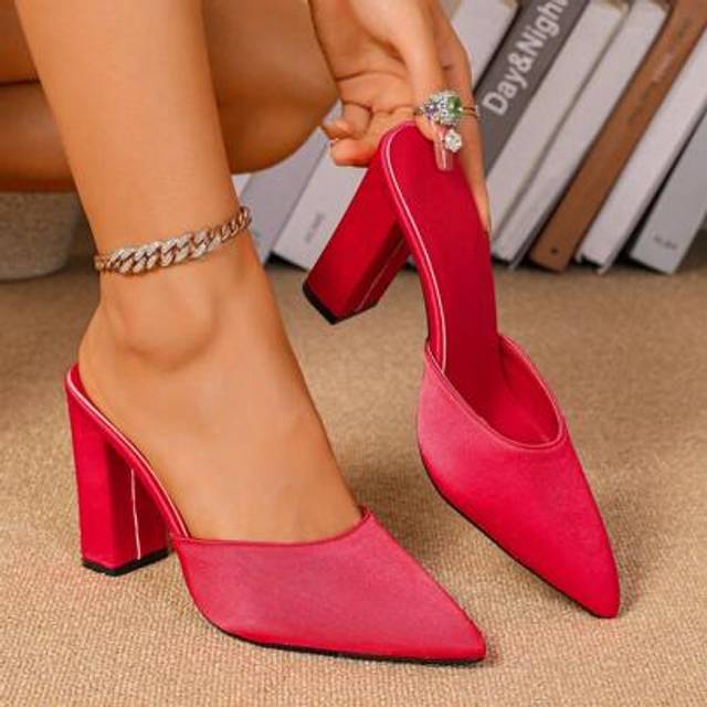 SHEIN Party Red Satin Sexy Super High Heel Slip-On Women Closed Toe Mules, Elegant, Suitable For Wedding, Banquet, 9cm Chunky Heel Sandals, Beach Vacation S