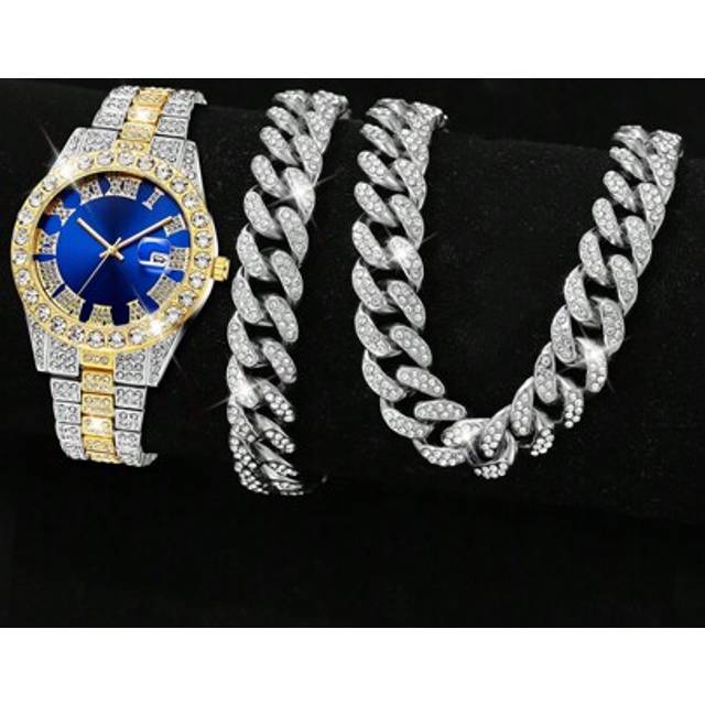 SHEIN 3Pcs Men&#39;s Silver Stainless Steel Strap Fashionable Casual Classic Roman Letter Scale With Calendar Function Blue Dial Quartz Watch Cuban Bracelet Nec
