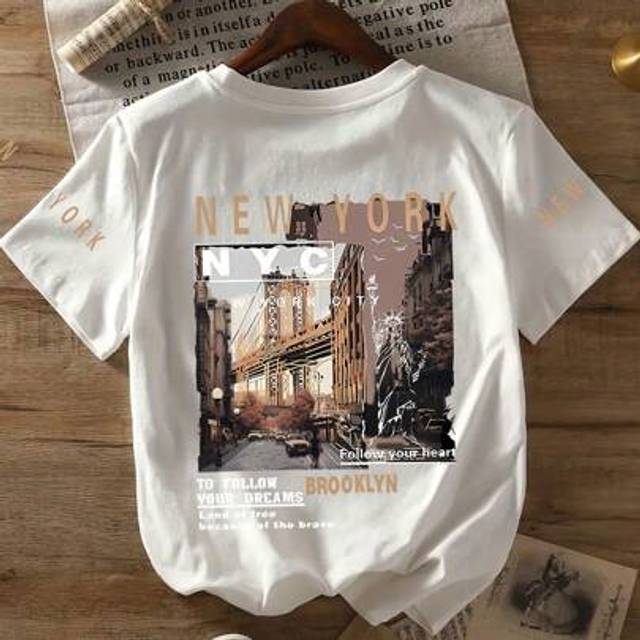 SHEIN Tween Boy New York City Print Crew Neck T-Shirts Summer Boy&#39;s Casual Tee Soft Tops