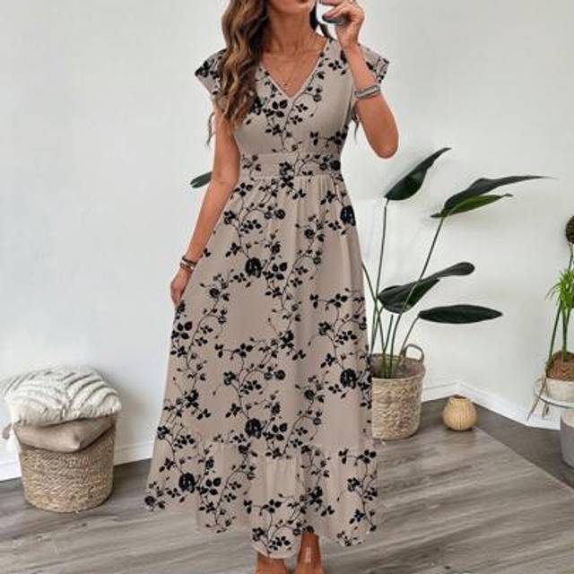 Luneh Shirred Ruffled Puff Sleeve Gathered Waist Empire Maxi Flowy Dress With Leopard Print, Elegant Bohemian Style Casual Summer Beach Outfit For Women,Shi