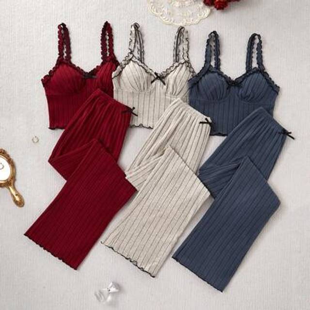 SHEIN 3 Sets Bow Decor Ribbed Cami Top And Pants Pajama Set Lounge Set