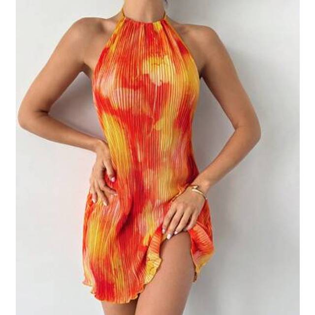 Firerie New Style Pleated Print Spaghetti Strap Backless Ladies Elegant Orange Dress, Suitable For Outing, Vacation, Beach, Garden Party, Dining Out