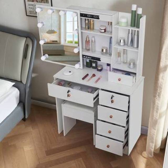 SHEIN White Dressing Table Mirror With 10 LED Bulbs Lights Stool Makeup Vanity Set Desk + 6 Drawers