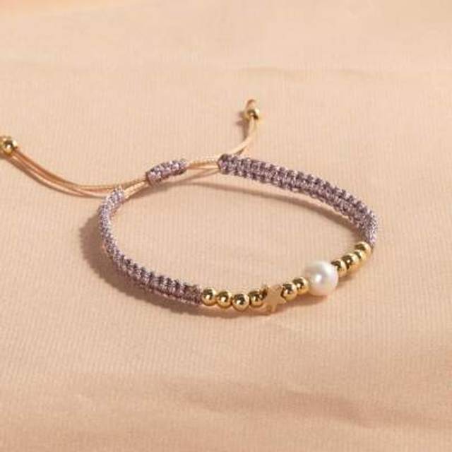 SHEIN 1pc 14K Gold Plated Adjustable Natural Pearl & Braided Heart Shape Bracelet, Suitable For Women & Men Everyday Wear