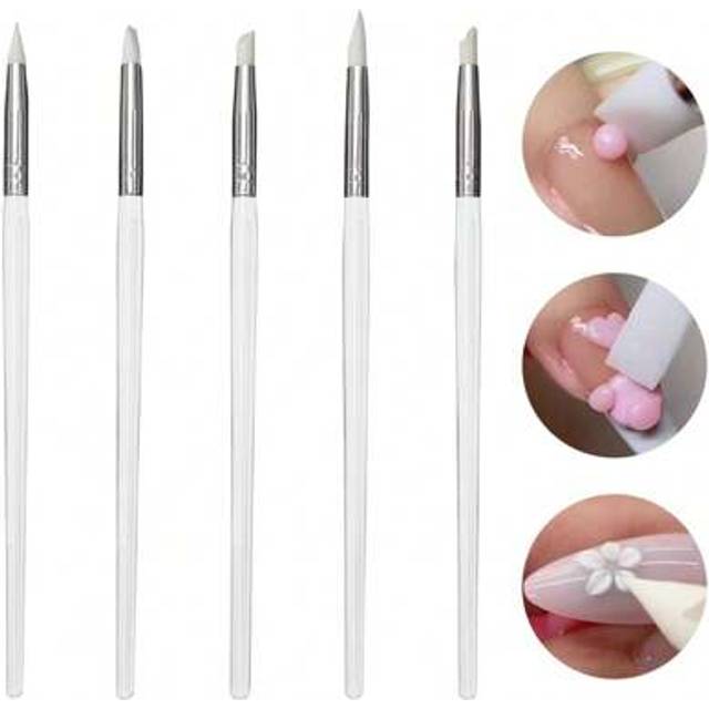 SHEIN 5Pcs Nail Art Silicone Pens Nail Art Foil Pen Acrylic Handle Nail Polish Carving Pen Rubber Tip Brushes,These Nail Art Brushes Are Designed For Both B