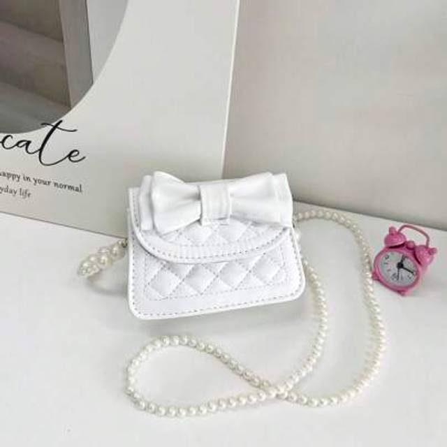 SHEIN 1pc Young Girl Casual & Fashion Bowknot Rhombus Embroidery Thread Pearl Chain Crossbody Bag, Suitable For Daily Use
