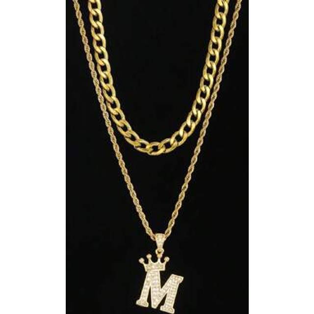 SHEIN 2pcs/Set Rhinestone Paved Crown Initial Letter Pendant Twisted Chain & Figaro Chain Multi-Layer Necklace A-Z Customized Name Alphabet Necklace For Boy
