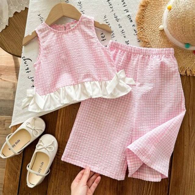 SHEIN Baby Girl Summer Cute Pink & White Plaid Ruffle Tank Top And Loose Elastic Waist Long Pants 2 Pieces Set