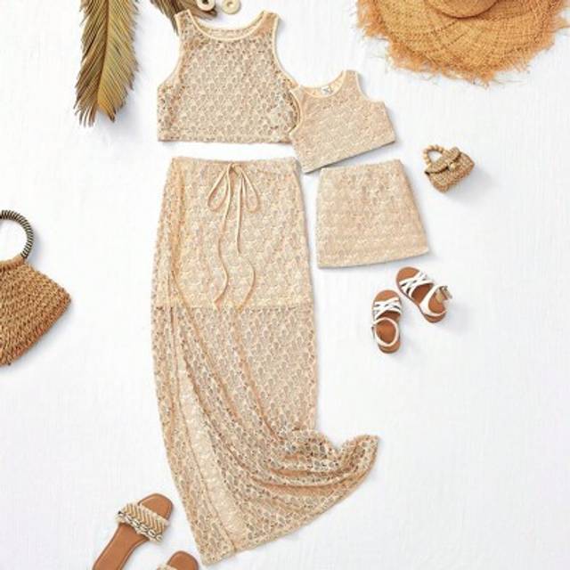SHEIN Baby Girl Summer Holiday Cute Crochet Pattern Tank & Mini Skirt Set