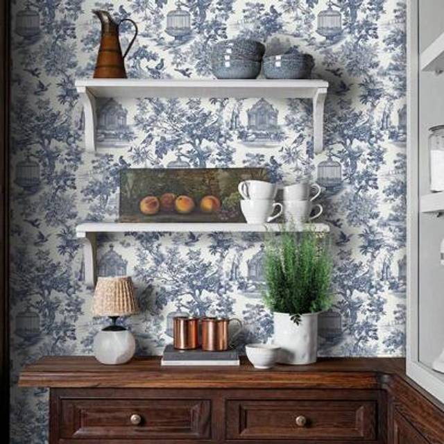 SHEIN 1 Roll Vintage Self-Adhesive Wallpaper - Blue Countryside & Plant Scenery, Removable And Repositionable Contact Paper, Waterproof, Easy Installation F