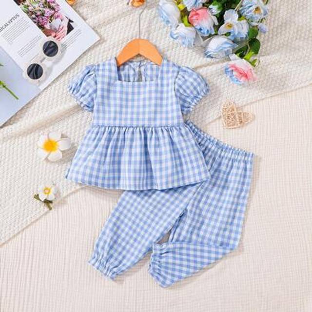 SHEIN 2pcs Baby Girls Elegant Plaid Printed Casual Short Sleeve Top And Shorts Set For Summer