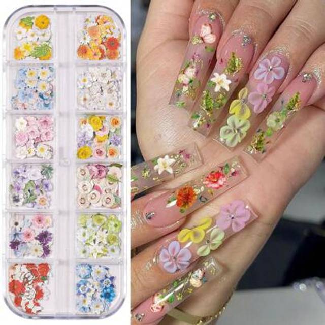 SHEIN 240Pcs 3D Wood Pulp Flower Nail Art Charms Kit - Realistic Butterfly Floral Nail Stickers, Clear Embellishments For Gel Polish Designs, DIY Salon Deca